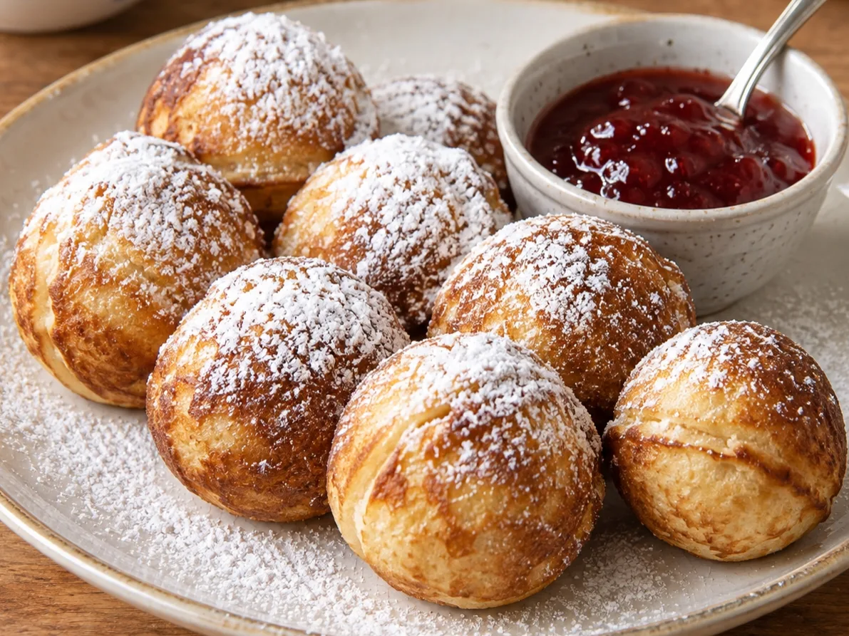 Æbleskiver — round pancake puffs with powdered sugar and jam