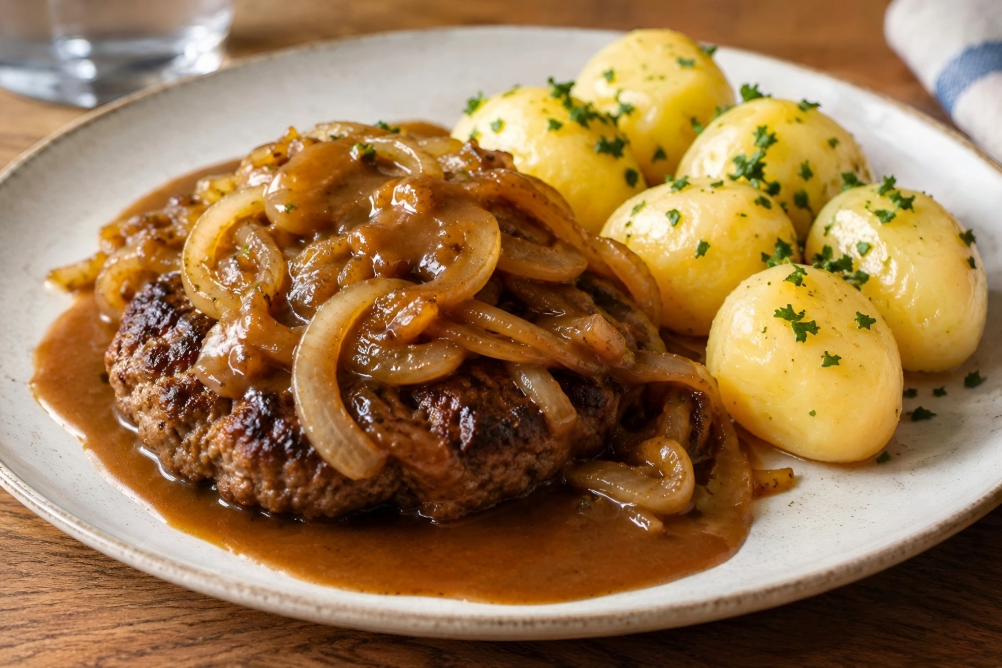 Hakkebøf med bløde løg — Danish minced-beef patty with soft fried onions, brown gravy and potatoes