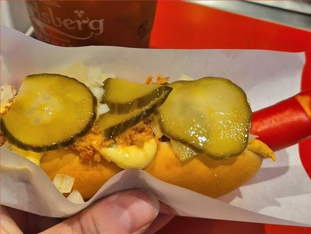 A classic Danish hotdog with mustard and ketchup